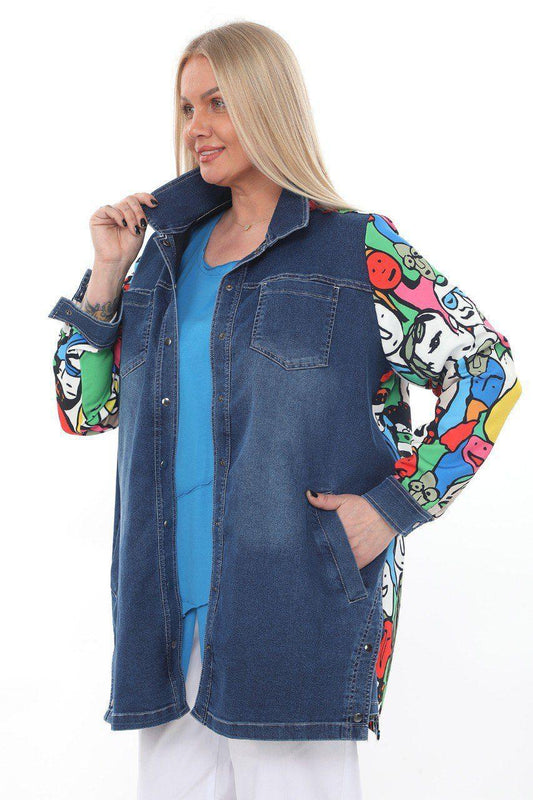 Divas Planet Jeansjacke Blau mit Bunt knalligem Graffiti Comic Muster 44 46 48 50 52 54 56