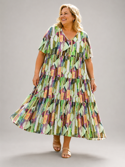 Frenzi Stufenkleid grafischer Print Grün-Olive – Einheitsgröße 44–52