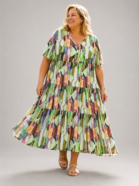 Frenzi Stufenkleid grafischer Print Grün-Olive – Einheitsgröße 44–52