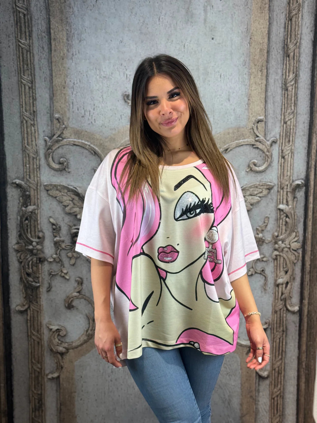 Onesize Oversize Damen-Shirt mit Glitzer-Print & Paris-Rückendruck – Rose Fashion40 42 44 46 48 50