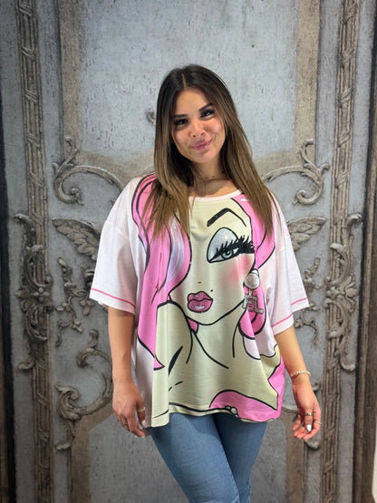 Onesize Oversize Damen-Shirt mit Glitzer-Print & Paris-Rückendruck – Rose Fashion40 42 44 46 48 50