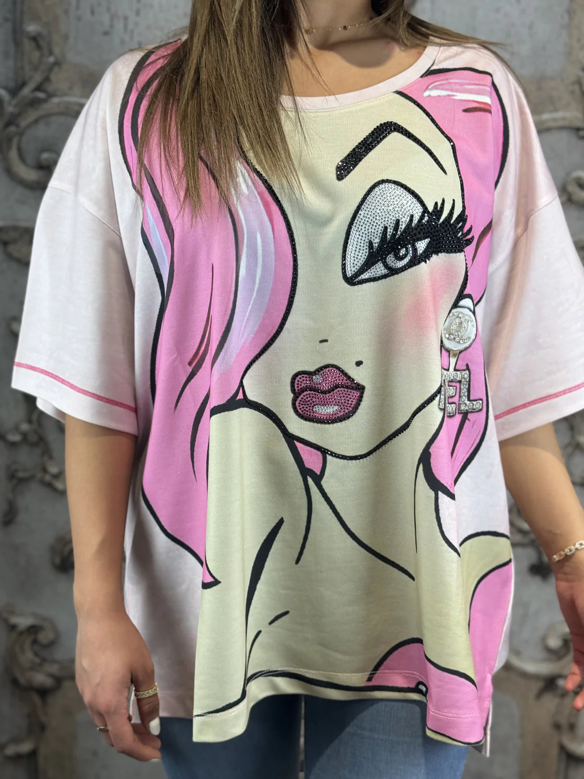 Onesize Oversize Damen-Shirt mit Glitzer-Print & Paris-Rückendruck – Rose Fashion40 42 44 46 48 50