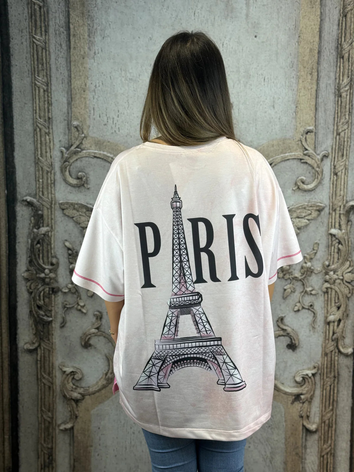 Onesize Oversize Damen-Shirt mit Glitzer-Print & Paris-Rückendruck – Rose Fashion40 42 44 46 48 50