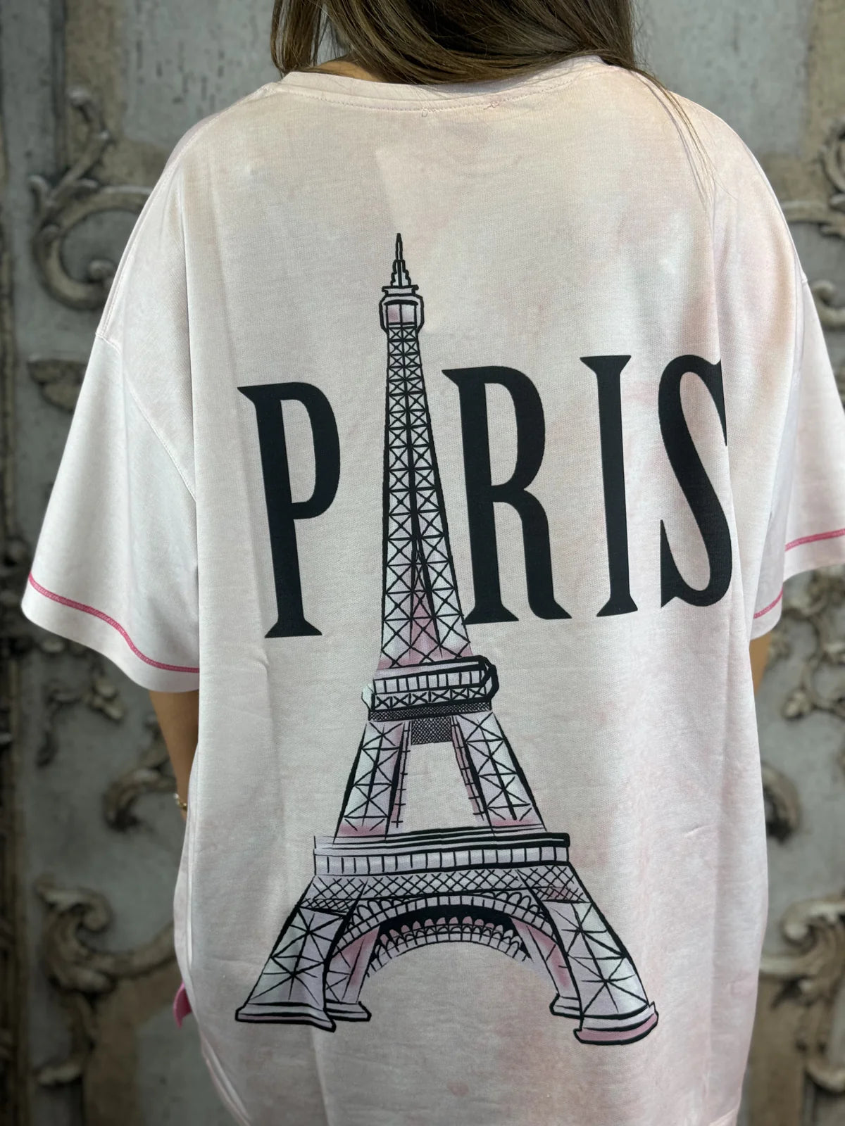 Onesize Oversize Damen-Shirt mit Glitzer-Print & Paris-Rückendruck – Rose Fashion40 42 44 46 48 50