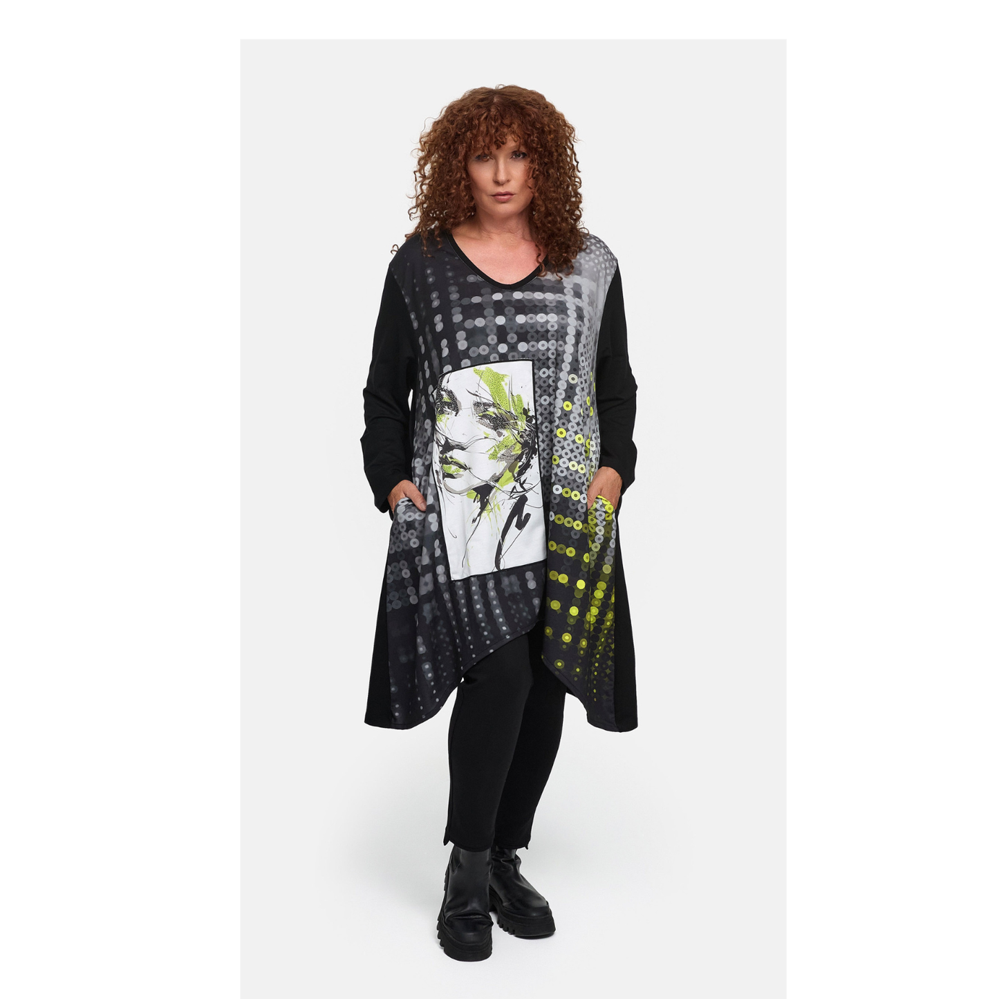 Frenzi4U – Figurschmeichelnde Tunika „Urban Art“ in Schwarz-Grau-Limette 44 46 48 50 52 54 56 58