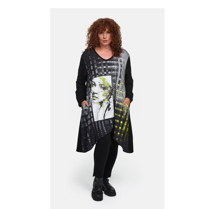Frenzi4U – Figurschmeichelnde Tunika „Urban Art“ in Schwarz-Grau-Limette 44 46 48 50 52 54 56 58
