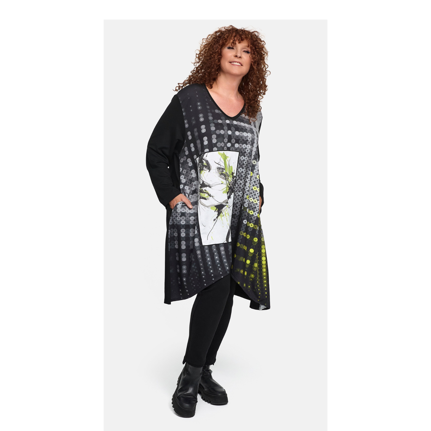 Frenzi4U – Figurschmeichelnde Tunika „Urban Art“ in Schwarz-Grau-Limette 44 46 48 50 52 54 56 58