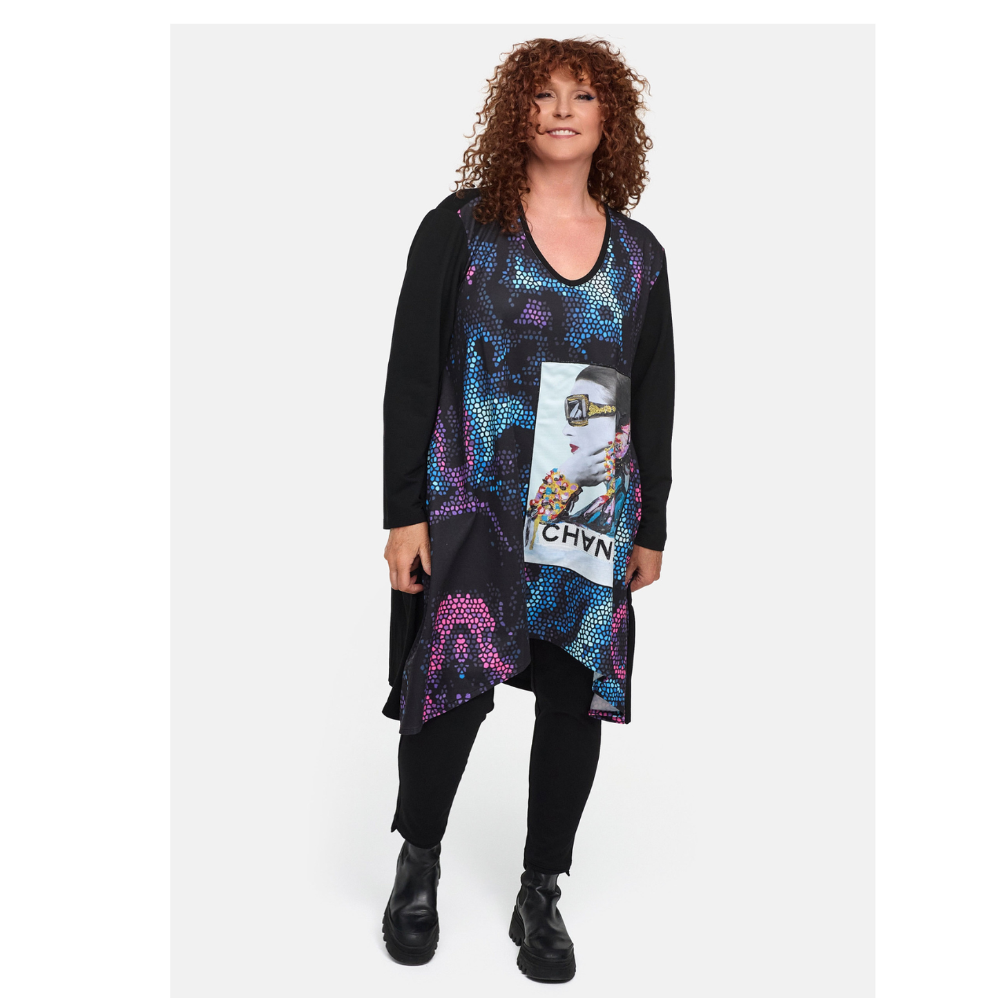 Frenzi4U – Tunika „Fashion Icon“ mit Glitzer und Kunst-Print 44 46 48 50 52 54 56 58