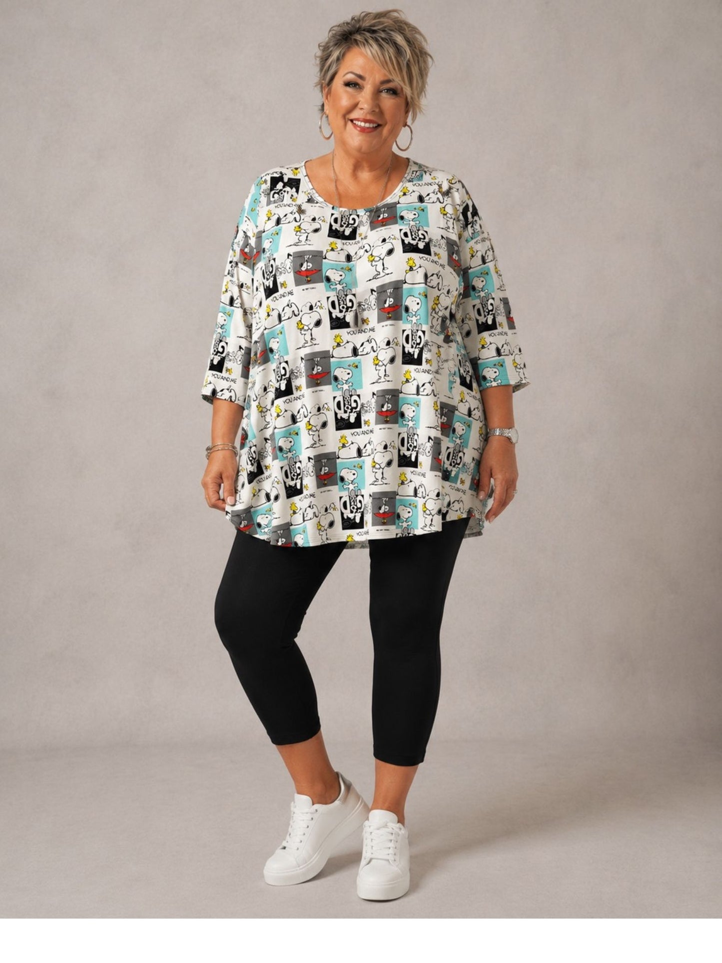 Naveed Shirt-Tunika A-Linie – Comic-Hund-Print in Schwarz, Türkis & Grau – Große Größen 44–54