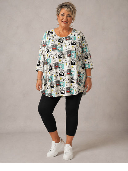Naveed Shirt-Tunika A-Linie – Comic-Hund-Print in Schwarz, Türkis & Grau – Große Größen 44–54