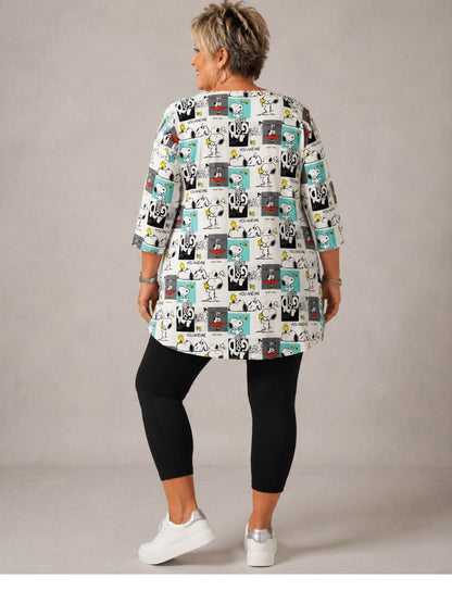 Naveed Shirt-Tunika A-Linie – Comic-Hund-Print in Schwarz, Türkis & Grau – Große Größen 44–54