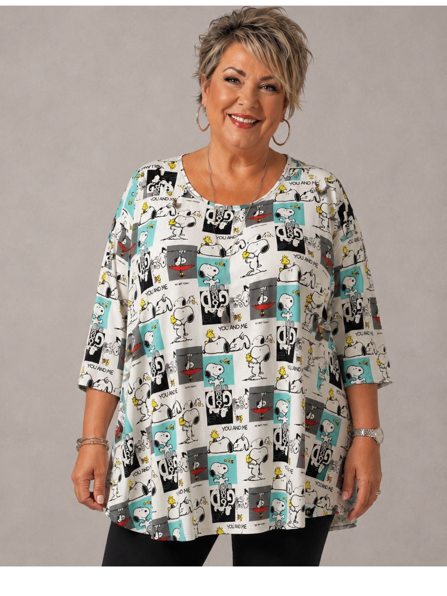 Naveed Shirt-Tunika A-Linie – Comic-Hund-Print in Schwarz, Türkis & Grau – Große Größen 44–54