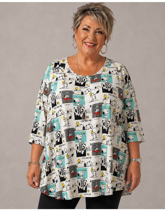 Naveed Shirt-Tunika A-Linie – Comic-Hund-Print in Schwarz, Türkis & Grau – Große Größen 44–54