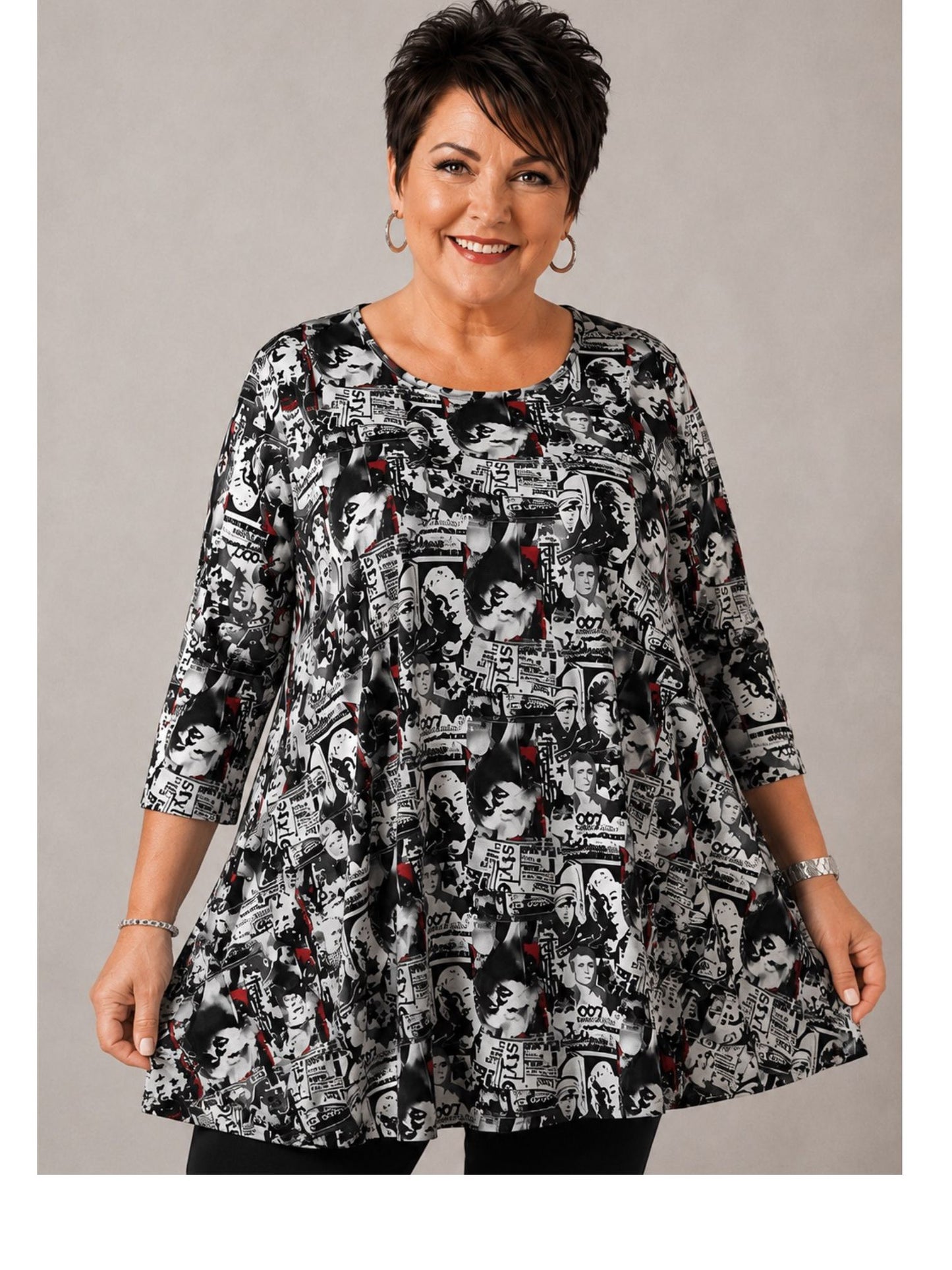 Naveed Shirt-Tunika A-Linie – Retro-Filmcollagen-Print in Schwarz, Weiß & Rot – Große Größen 44–62