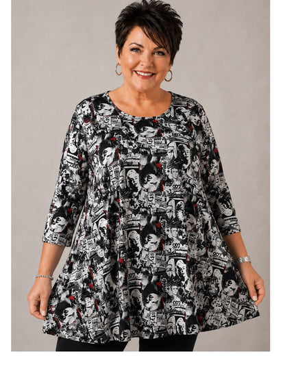 Naveed Shirt-Tunika A-Linie – Retro-Filmcollagen-Print in Schwarz, Weiß & Rot – Große Größen 44–62