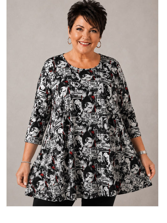 Naveed Shirt-Tunika A-Linie – Retro-Filmcollagen-Print in Schwarz, Weiß & Rot – Große Größen 44–62