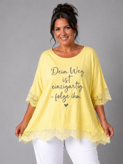 Shirt Spitze Straß-Schriftzug „Dein Weg ist einzigartig" – Mint, Schwarz, Weiß, Rosa, Pink, Koralle, Gelb, Beige, Hellblau – Einheitsgröße 44–52