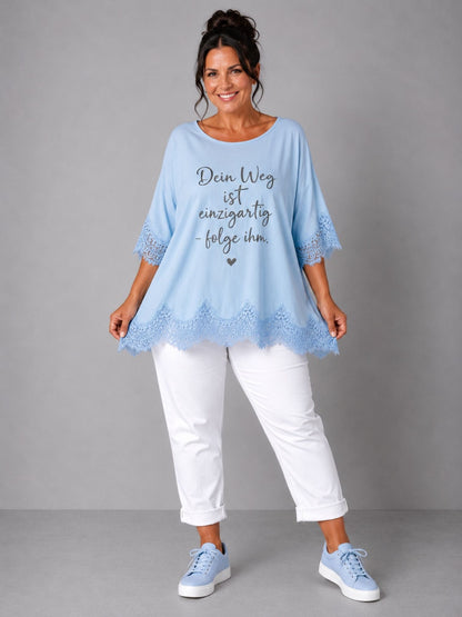 Shirt Spitze Straß-Schriftzug „Dein Weg ist einzigartig" – Mint, Schwarz, Weiß, Rosa, Pink, Koralle, Gelb, Beige, Hellblau – Einheitsgröße 44–52