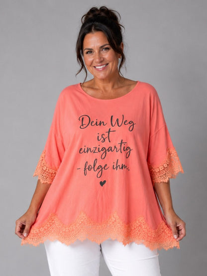 Shirt Spitze Straß-Schriftzug „Dein Weg ist einzigartig" – Mint, Schwarz, Weiß, Rosa, Pink, Koralle, Gelb, Beige, Hellblau – Einheitsgröße 44–52