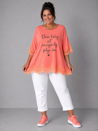 Shirt Spitze Straß-Schriftzug „Dein Weg ist einzigartig" – Mint, Schwarz, Weiß, Rosa, Pink, Koralle, Gelb, Beige, Hellblau – Einheitsgröße 44–52