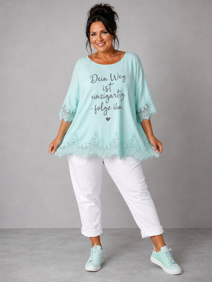 Shirt Spitze Straß-Schriftzug „Dein Weg ist einzigartig" – Mint, Schwarz, Weiß, Rosa, Pink, Koralle, Gelb, Beige, Hellblau – Einheitsgröße 44–52