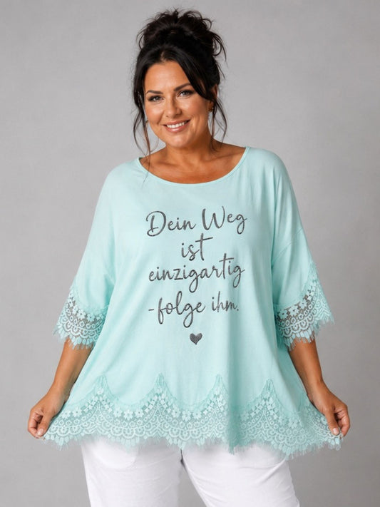 Shirt Spitze Straß-Schriftzug „Dein Weg ist einzigartig" – Mint, Schwarz, Weiß, Rosa, Pink, Koralle, Gelb, Beige, Hellblau – Einheitsgröße 44–52