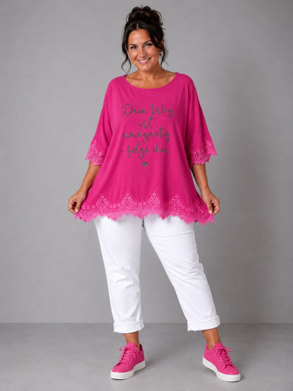 Shirt Spitze Straß-Schriftzug „Dein Weg ist einzigartig" – Mint, Schwarz, Weiß, Rosa, Pink, Koralle, Gelb, Beige, Hellblau – Einheitsgröße 44–52