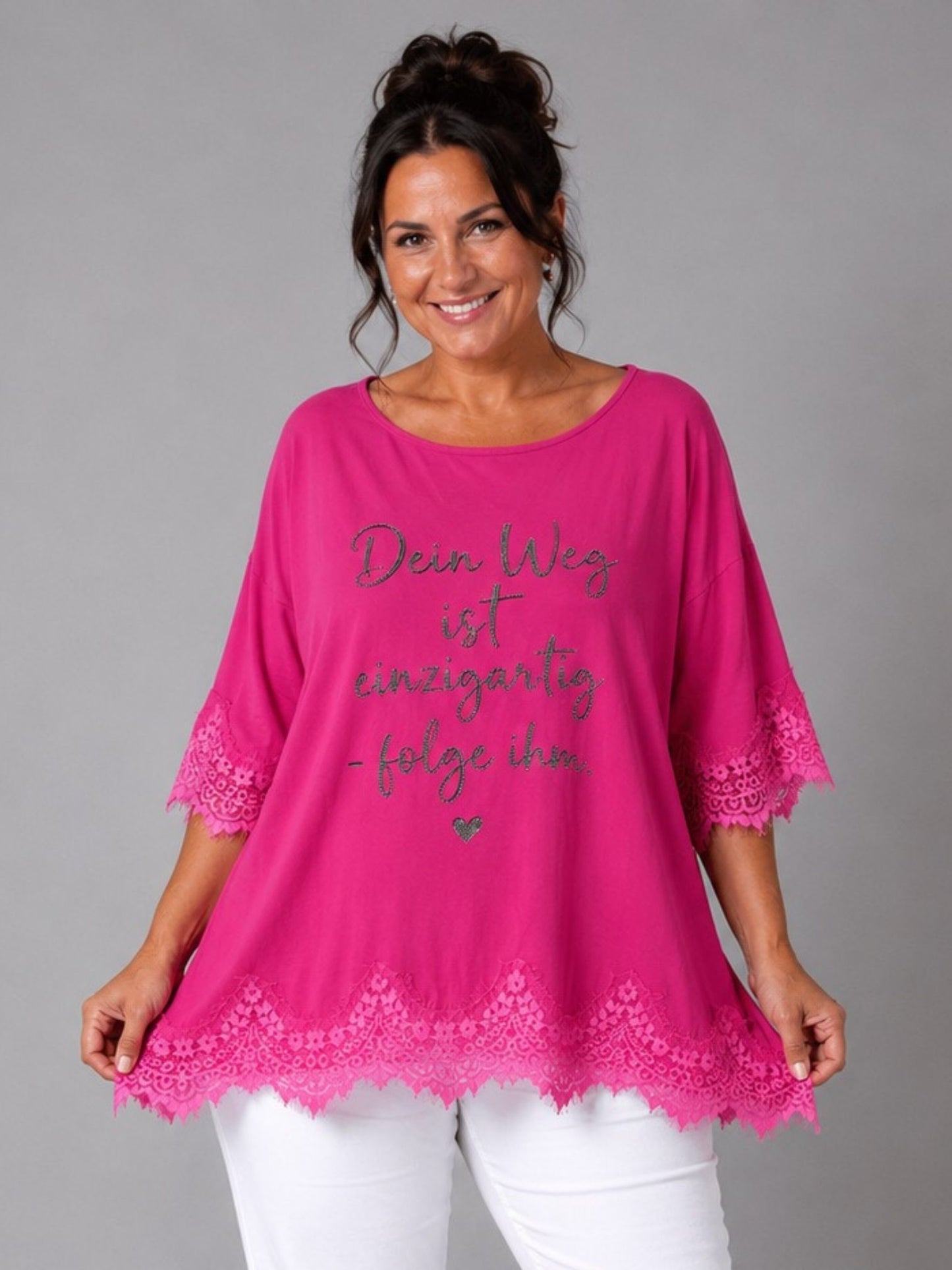 Shirt Spitze Straß-Schriftzug „Dein Weg ist einzigartig" – Mint, Schwarz, Weiß, Rosa, Pink, Koralle, Gelb, Beige, Hellblau – Einheitsgröße 44–52