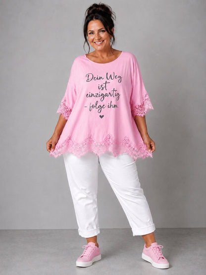 Shirt Spitze Straß-Schriftzug „Dein Weg ist einzigartig" – Mint, Schwarz, Weiß, Rosa, Pink, Koralle, Gelb, Beige, Hellblau – Einheitsgröße 44–52