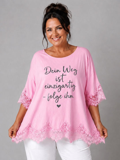 Shirt Spitze Straß-Schriftzug „Dein Weg ist einzigartig" – Mint, Schwarz, Weiß, Rosa, Pink, Koralle, Gelb, Beige, Hellblau – Einheitsgröße 44–52
