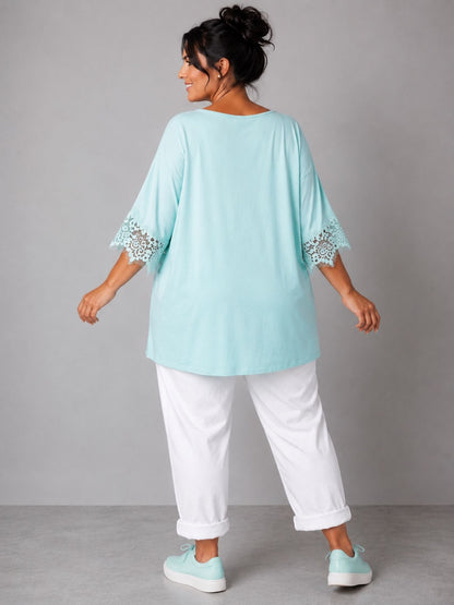 Shirt Spitze Straß-Schriftzug „Dein Weg ist einzigartig" – Mint, Schwarz, Weiß, Rosa, Pink, Koralle, Gelb, Beige, Hellblau – Einheitsgröße 44–52