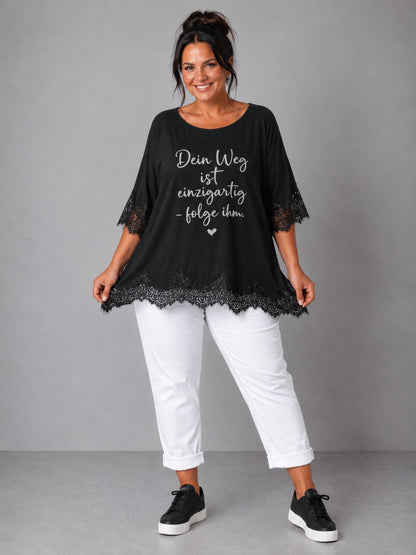 Shirt Spitze Straß-Schriftzug „Dein Weg ist einzigartig" – Mint, Schwarz, Weiß, Rosa, Pink, Koralle, Gelb, Beige, Hellblau – Einheitsgröße 44–52