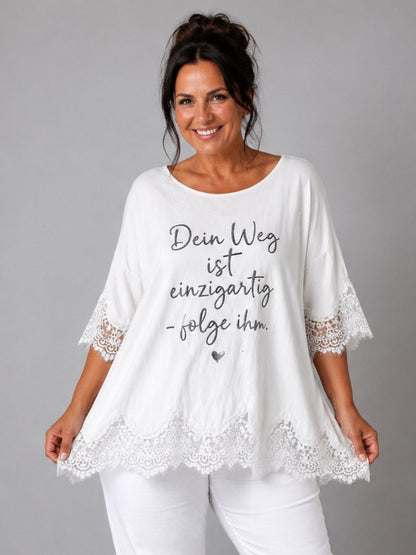 Shirt Spitze Straß-Schriftzug „Dein Weg ist einzigartig" – Mint, Schwarz, Weiß, Rosa, Pink, Koralle, Gelb, Beige, Hellblau – Einheitsgröße 44–52
