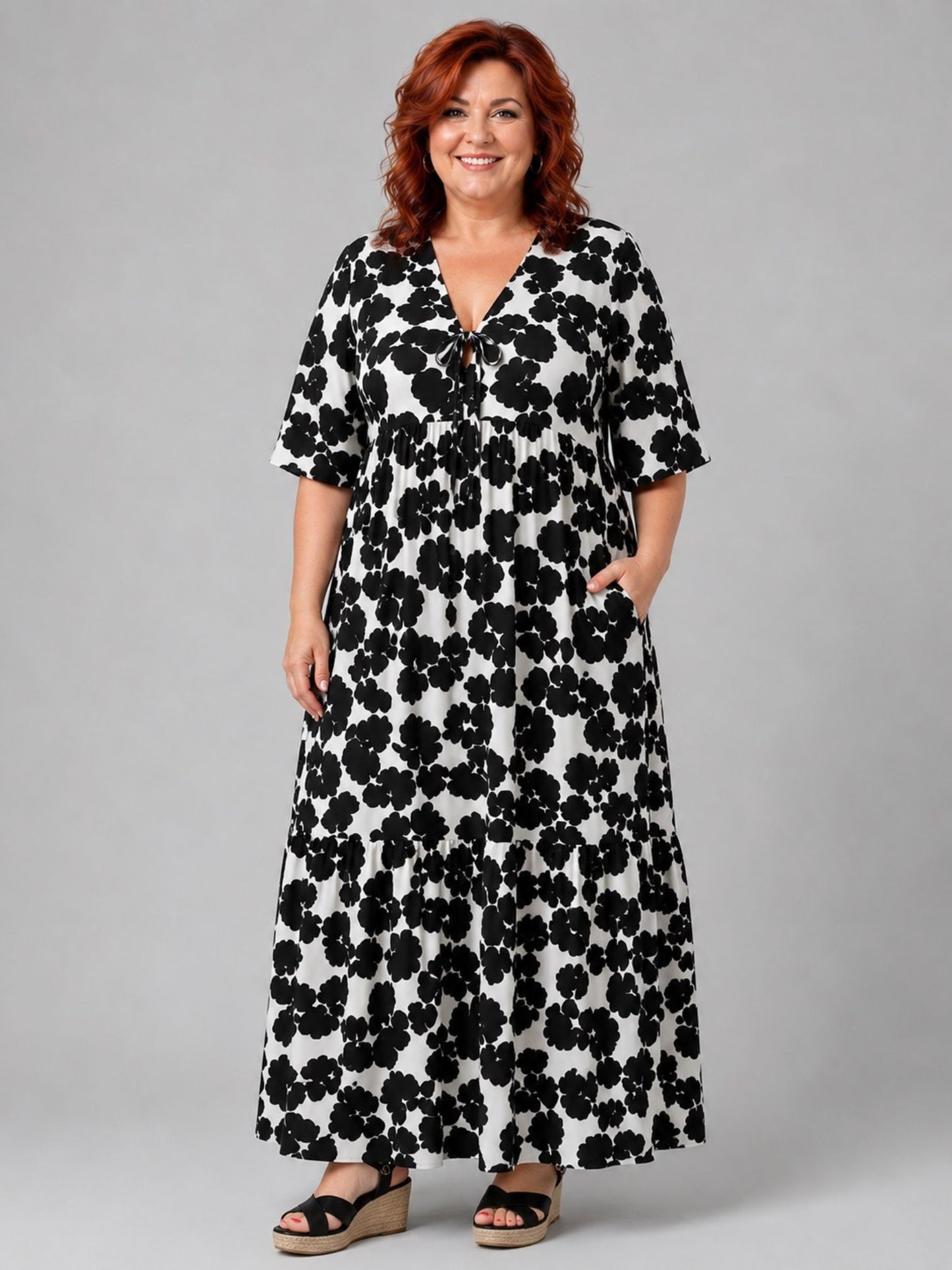 Vincenzo Allocca Maxikleid Viskose Halbarm – Schwarz/Weiß Blüten-Print Gr. 44–62