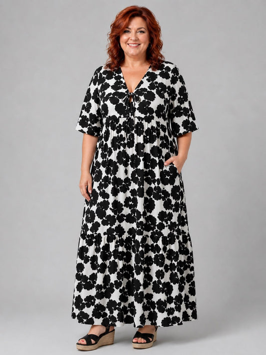 Vincenzo Allocca Maxikleid Viskose Halbarm – Schwarz/Weiß Blüten-Print Gr. 44–62