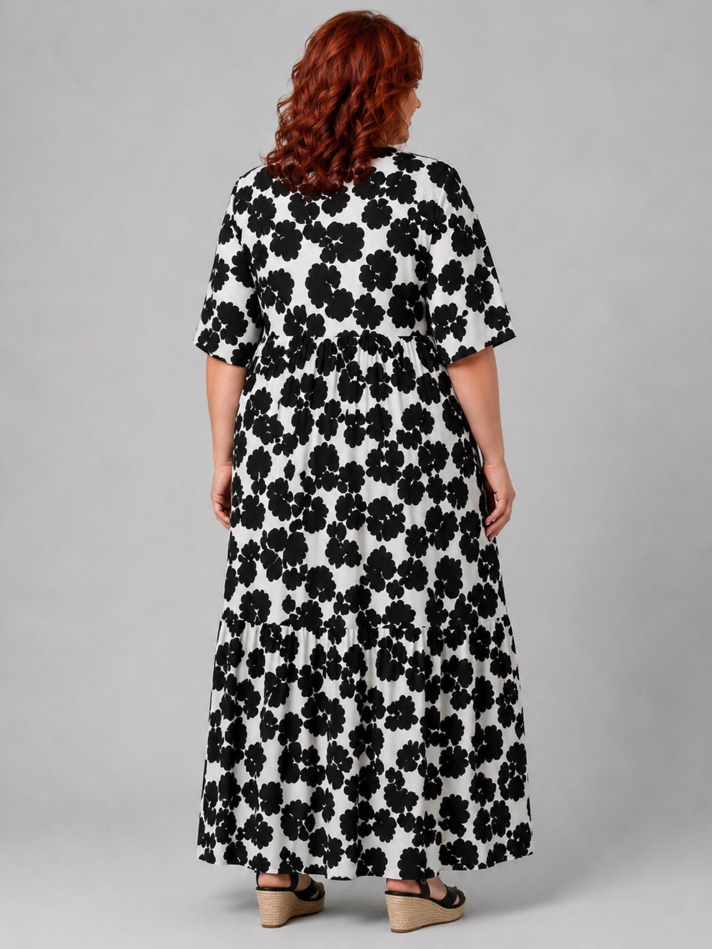 Vincenzo Allocca Maxikleid Viskose Halbarm – Schwarz/Weiß Blüten-Print Gr. 44–62