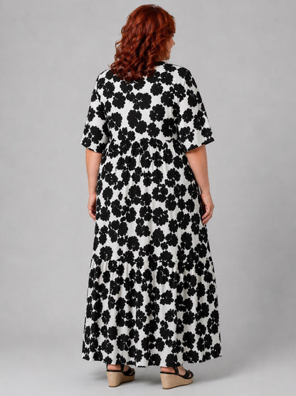 Vincenzo Allocca Maxikleid Viskose Halbarm – Schwarz/Weiß Blüten-Print Gr. 44–62