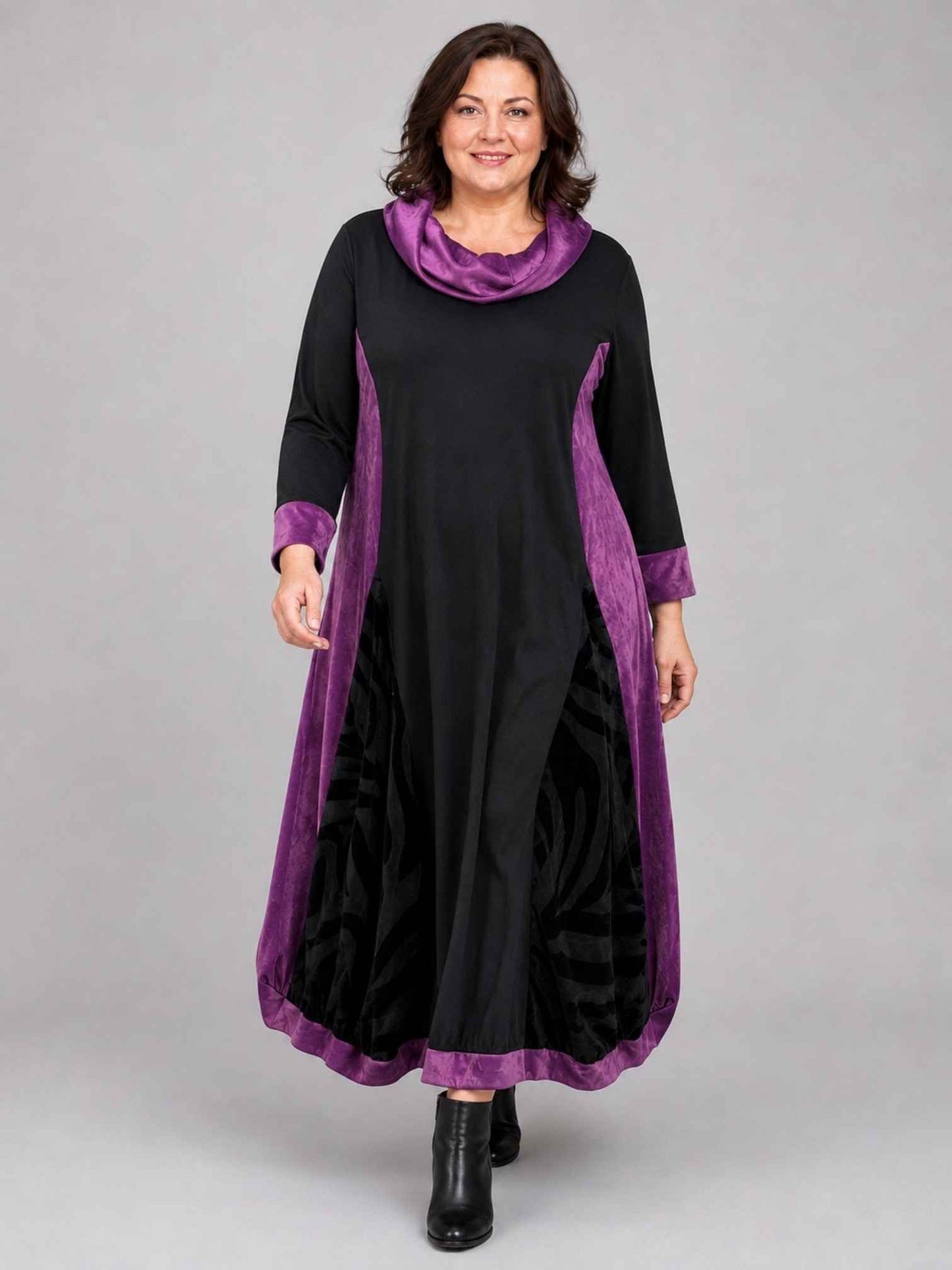 Vincenzo Allocca Kleid Samt und Chiffon Ballonform – Schwarz/Lila Gr. 44/46–60/62