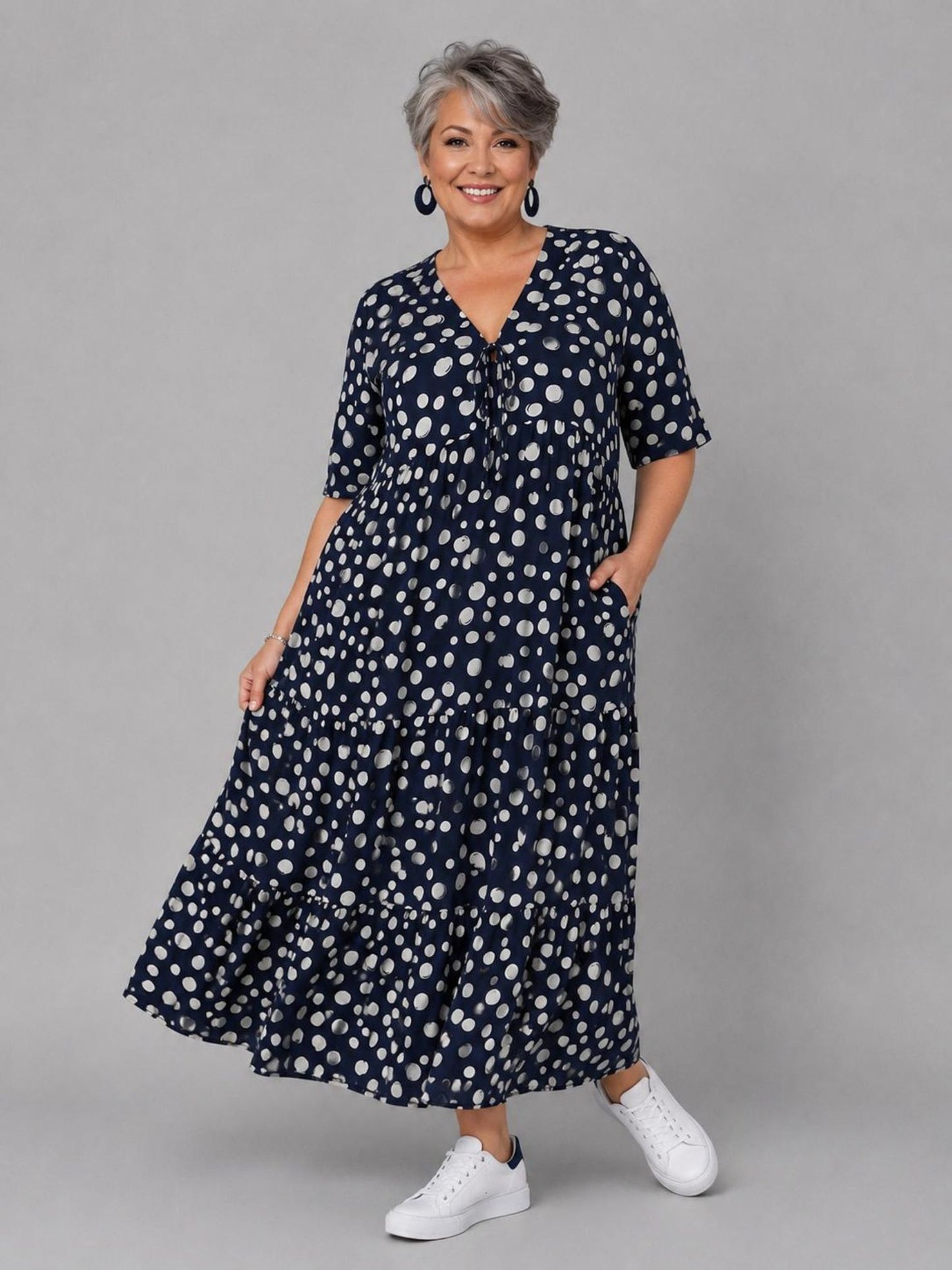 Vincenzo Allocca Maxikleid Viskose Halbarm – Tiefmarine/Weiß Punkte-Print Gr. 44–62