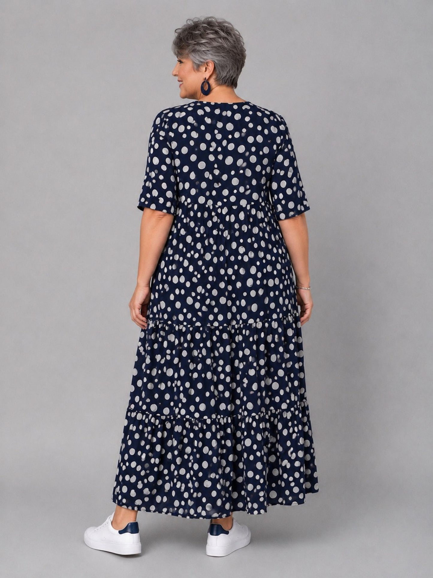 Vincenzo Allocca Maxikleid Viskose Halbarm – Tiefmarine/Weiß Punkte-Print Gr. 44–62