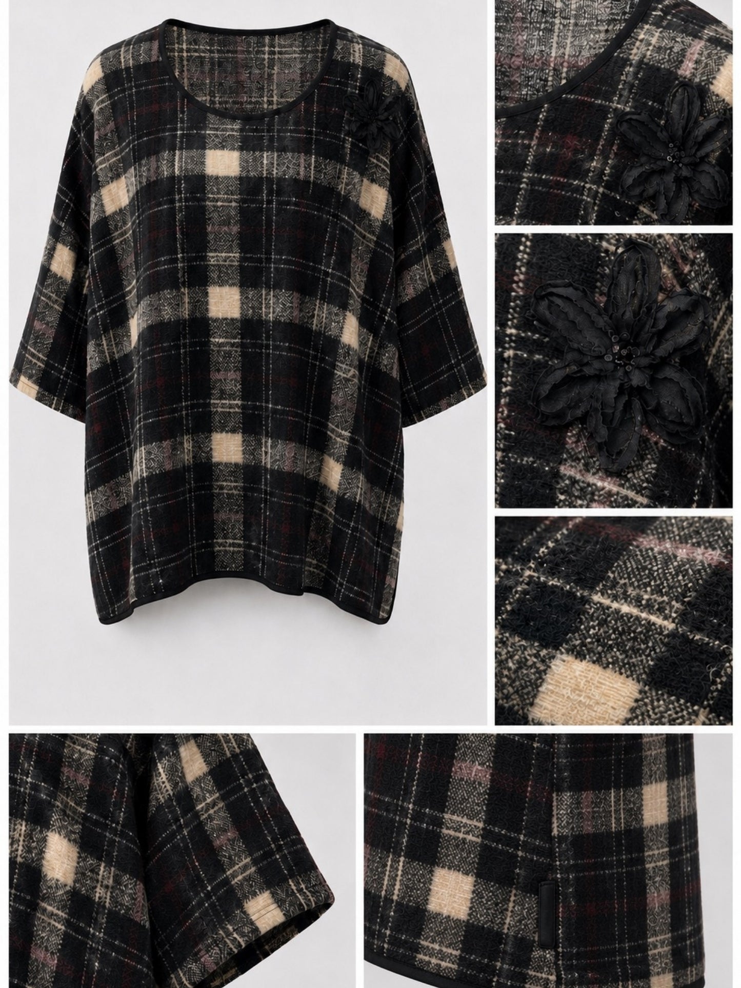 Vincenzo Allocca Kurzpulli Wollmix kariert Oversize – Schwarz/Beige, Einheitsgröße 44–58