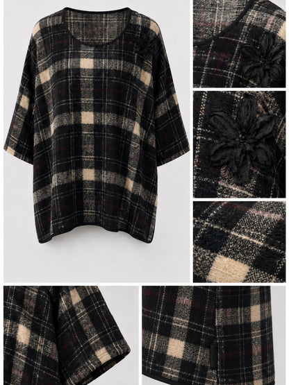 Vincenzo Allocca Kurzpulli Wollmix kariert Oversize – Schwarz/Beige, Einheitsgröße 44–58