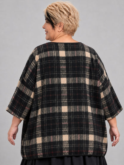 Vincenzo Allocca Kurzpulli Wollmix kariert Oversize – Schwarz/Beige, Einheitsgröße 44–58