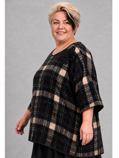 Vincenzo Allocca Kurzpulli Wollmix kariert Oversize – Schwarz/Beige, Einheitsgröße 44–58