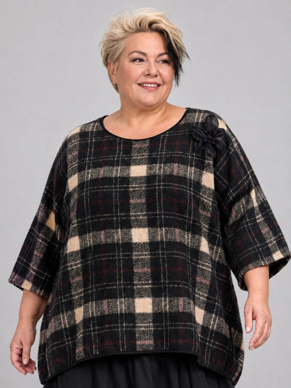 Vincenzo Allocca Kurzpulli Wollmix kariert Oversize – Schwarz/Beige, Einheitsgröße 44–58