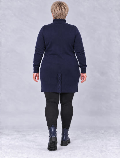 Marineblauer Feinstrickpullover mit Knopfleiste am hinteren Saum, Rückansicht