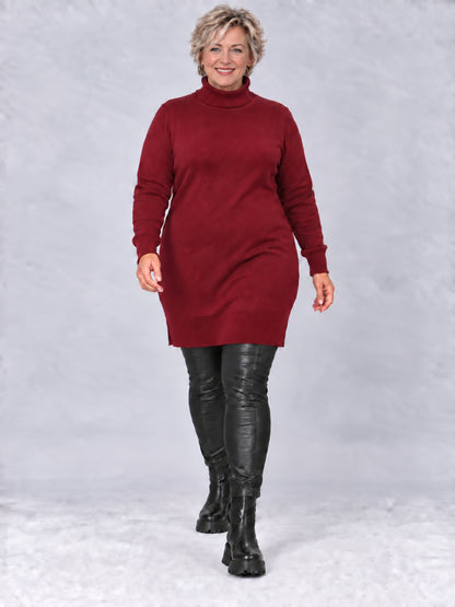 Weinroter Rollkragenpullover, getragen mit schwarzer Lederhose und Stiefeletten, Vorderansicht