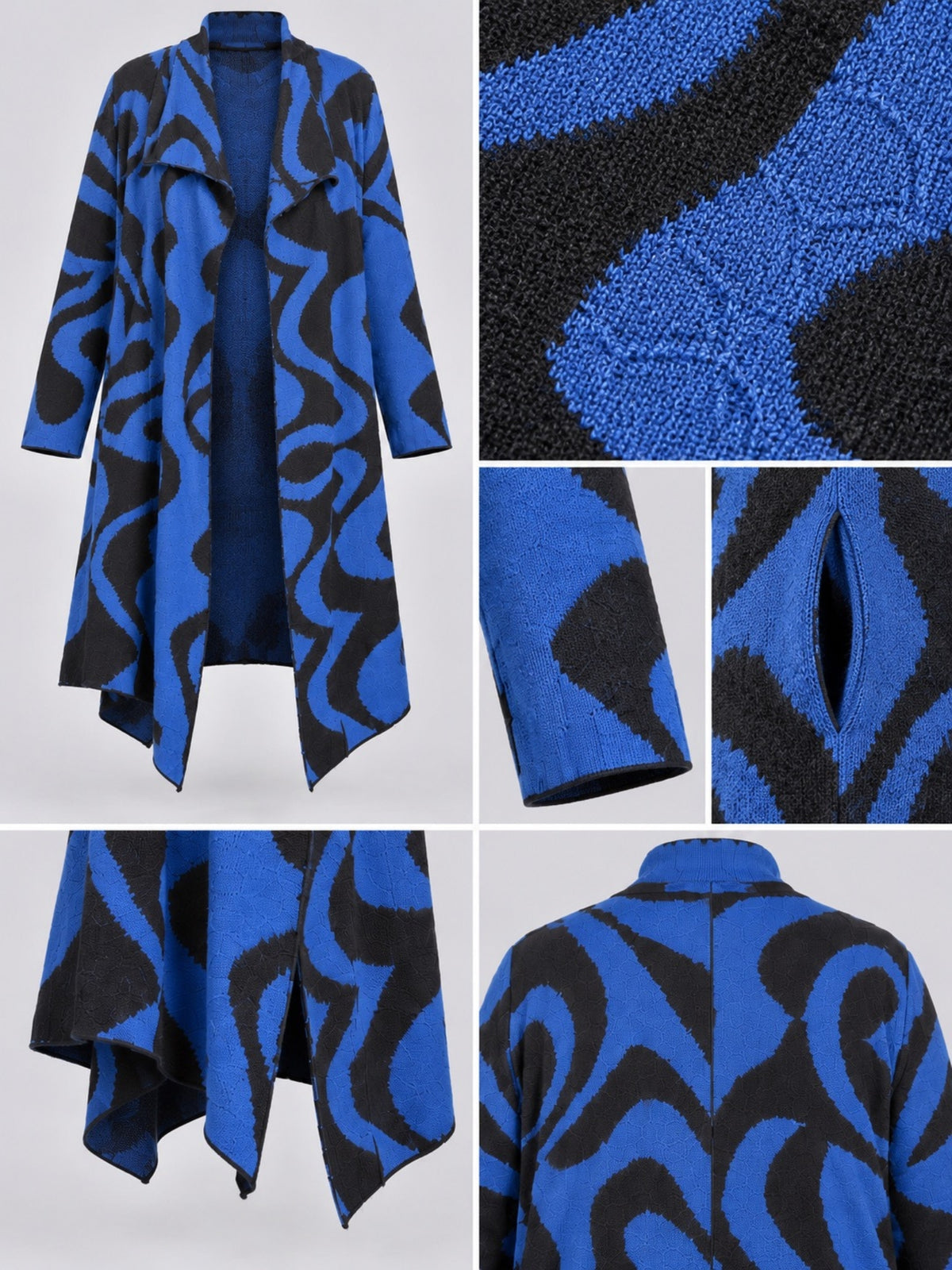 Musterverlauf, Ärmelabschluss und Seitenschlitz der royalblauen Strickjacke, Detailansicht