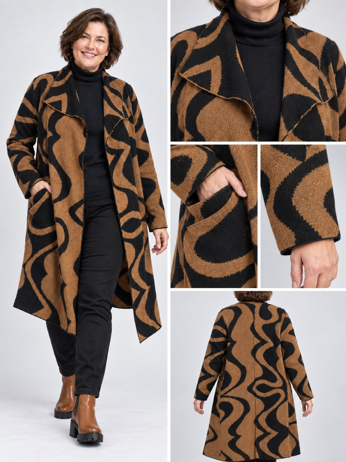 Kragen, Eingrifftasche und Ärmelabschluss der camelfarbenen Strickjacke, Detailansicht
