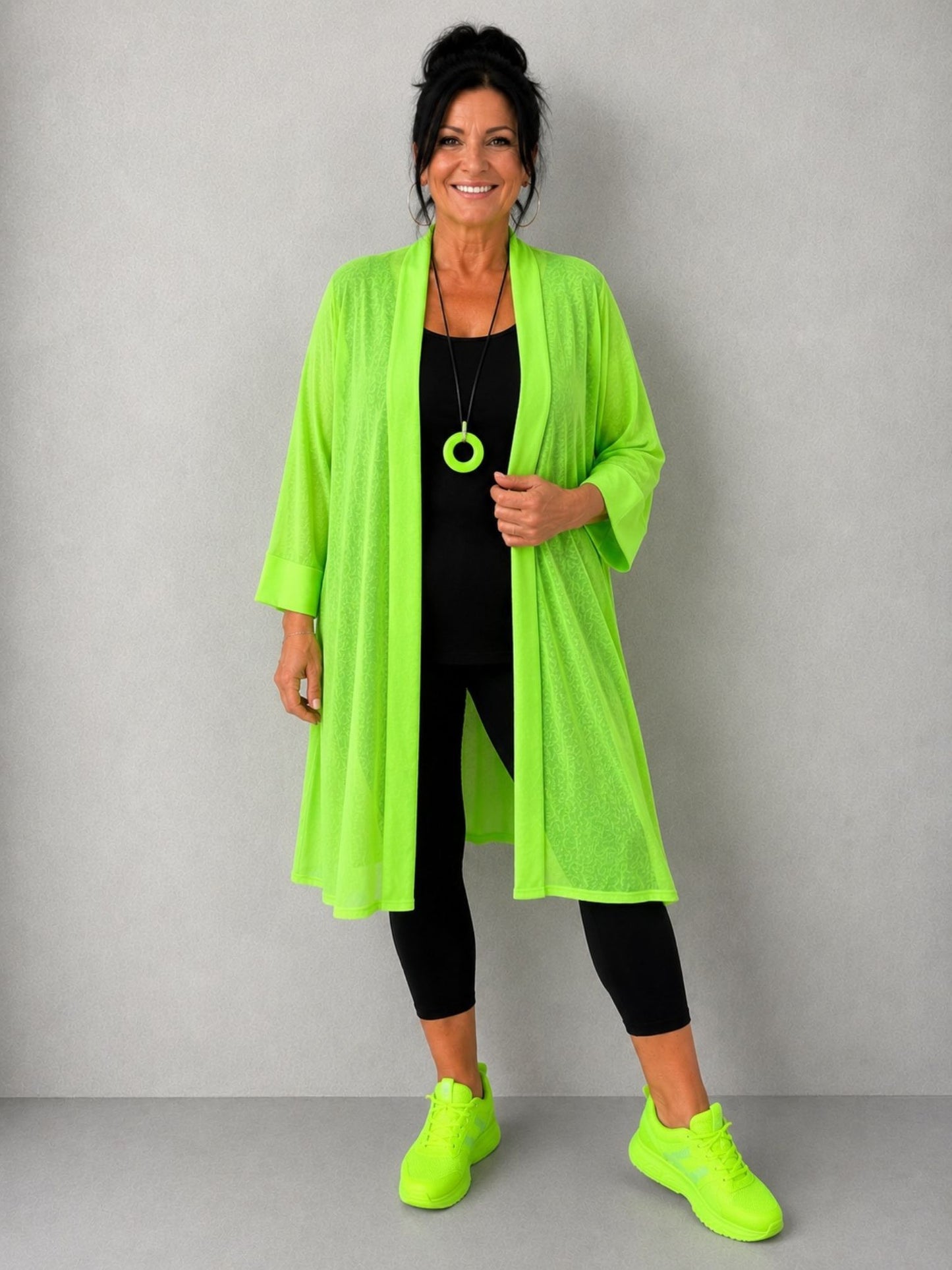 AKH Fashion Cardigan Feinstrick Neongrün / Neongelb / Weiß Gr. 44–58